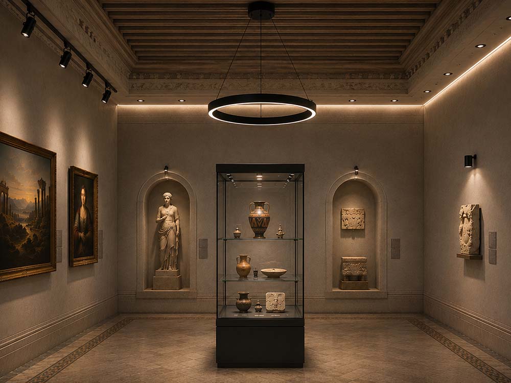 Planung professioneller Museumsbeleuchtung mit LED Strahlern und Vitrinenlicht