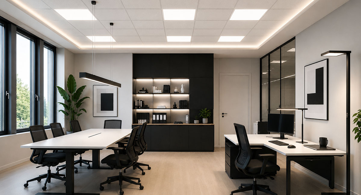 Beispiel f�r geplante B�robeleuchtung mit LED Leuchten und Arbeitspl�tzen