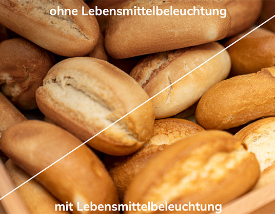 Vergleich Bäckereibeleuchtung mit und ohne Lebensmittelbeleuchtung