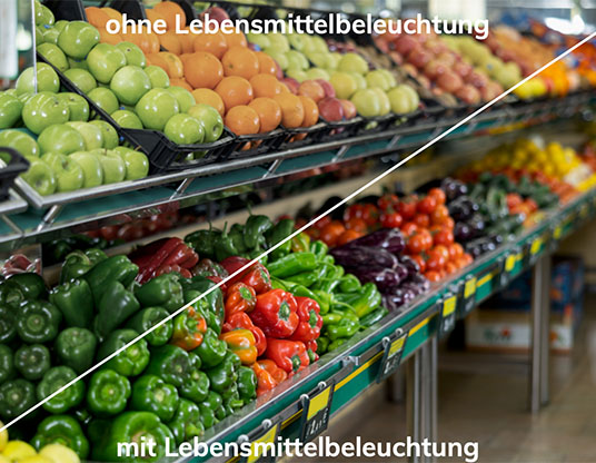 Vergleich Obst und Gemüsebeleuchtung mit und ohne Lebensmittelbeleuchtung