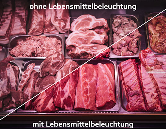 Vergleich Metzgereibeleuchtung mit und ohne Lebensmittelbeleuchtung